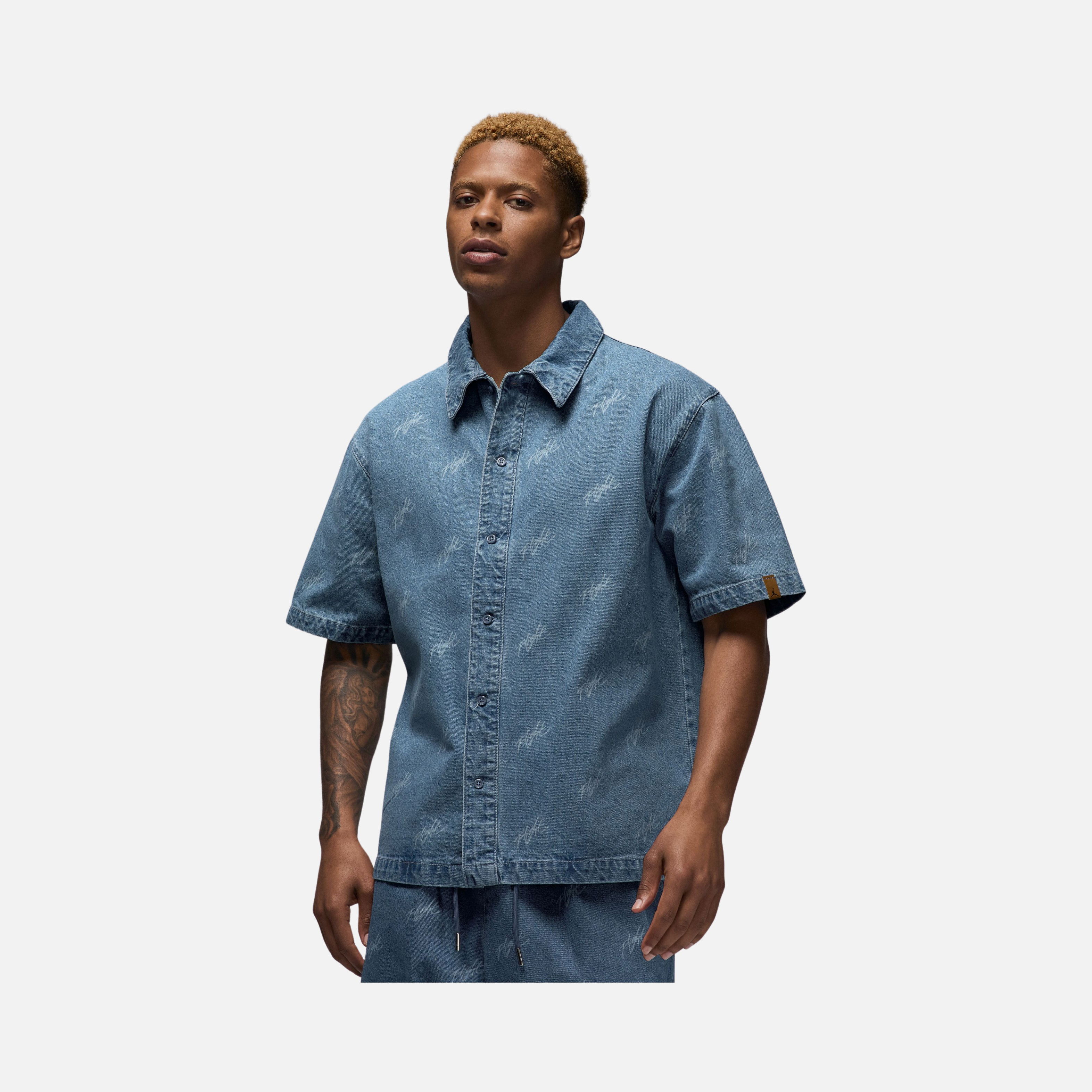 Nike Jordan Flight Heritage Denim Allover Printed Full-Buttoned Short-Sleeve Erkek Gömlek