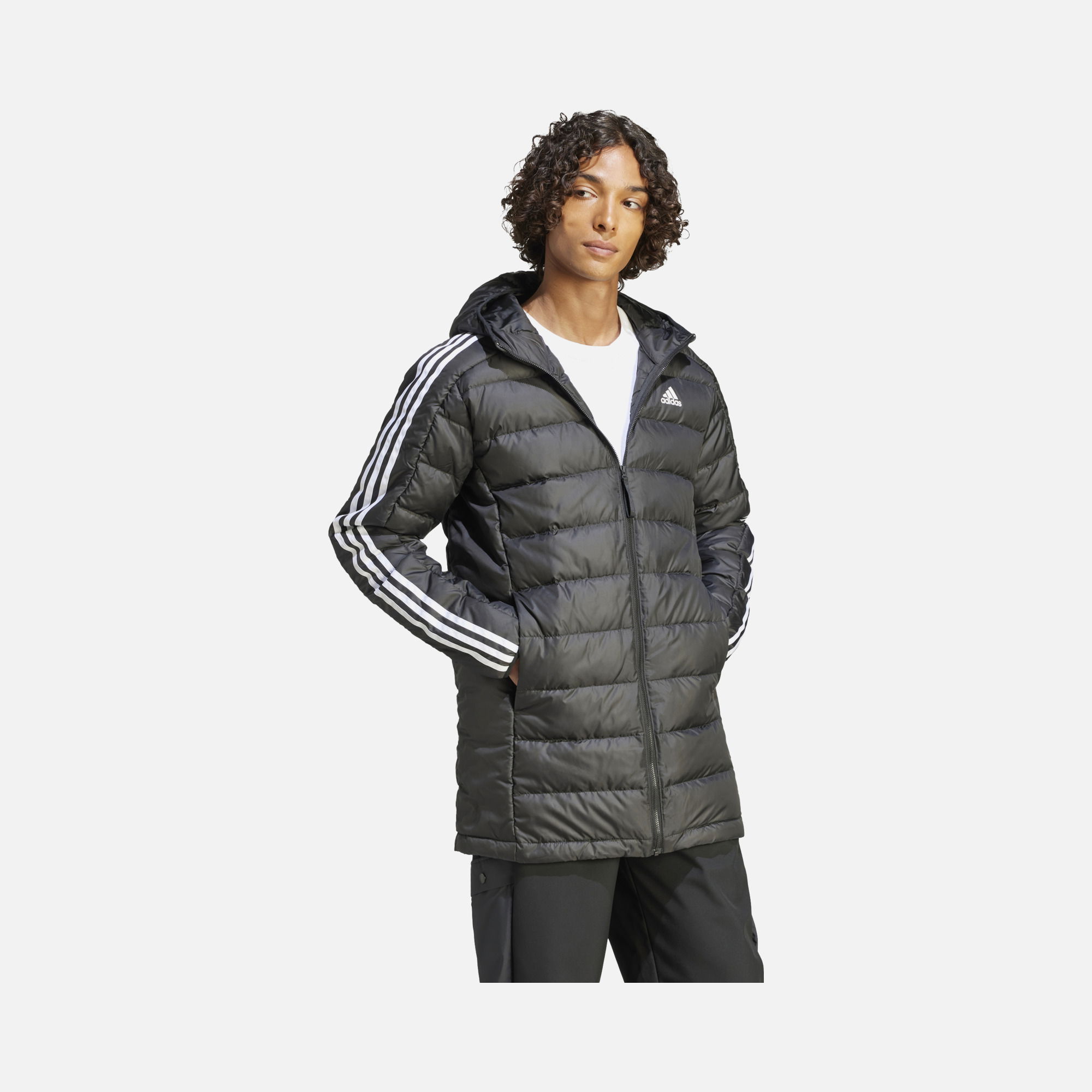 adidas Essentials 3-Stripes Light Down Full-Zip Hoodie Erkek Parka