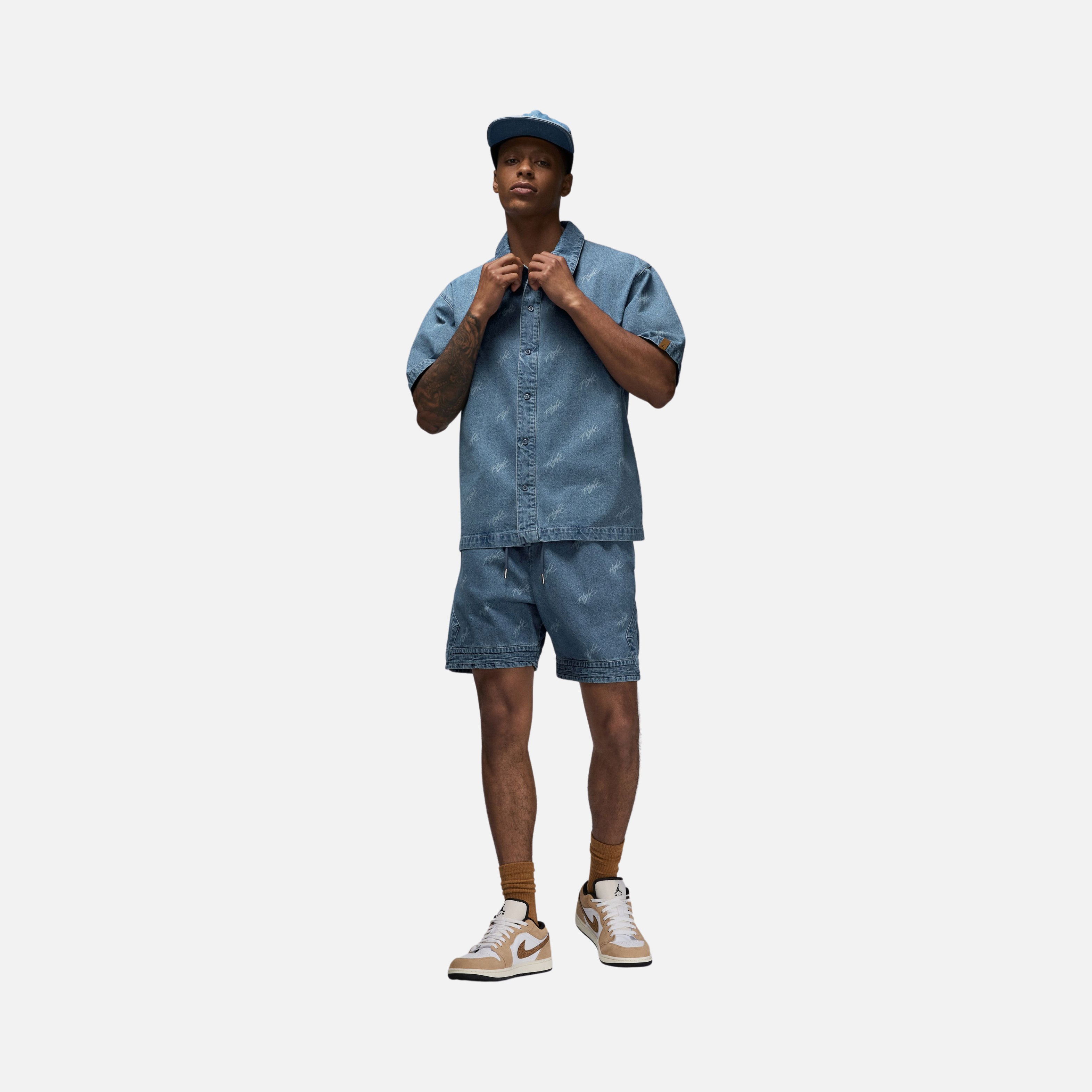 Nike Jordan Flight Heritage Denim Allover Printed Full-Buttoned Short-Sleeve Erkek Gömlek